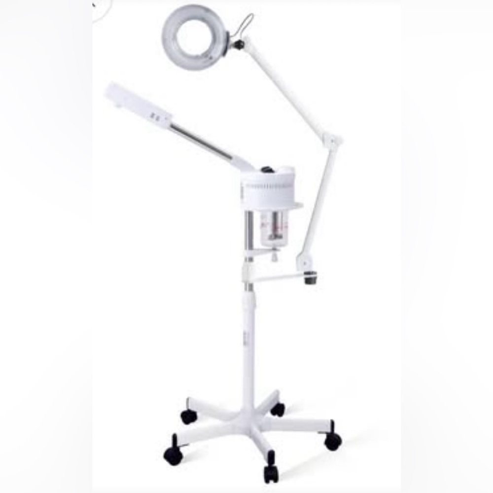 Esthetician or spa 2 in 1 steamer with magnifying light on rollers white